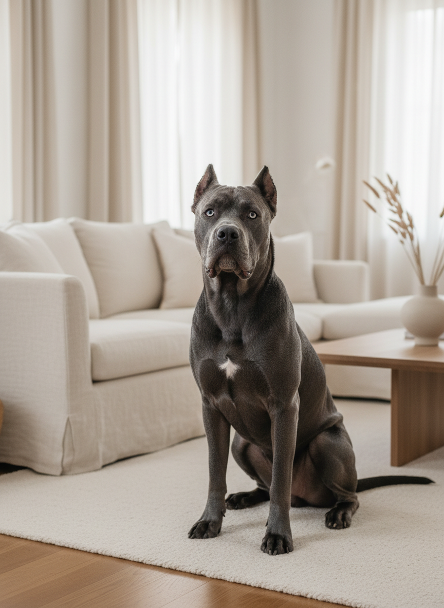 Sully, a velvety dark-grey Cane Corso with cropped ears, blue eyes and a gentle expression, seated in a softly lit ivory interior