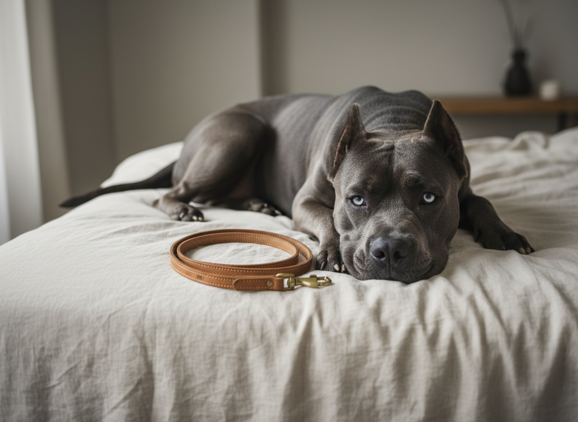 Sully, a dark-grey Cane Corso with blue eyes and cropped ears, resting on a linen bed beside a leather lead with brass details